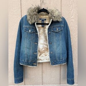 Abercrombie & Fitch Blue Denim Jacket with Faux-Fur Collar XS #Y2K